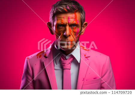 Portrait of an older man in a pink jacket and his face splattered with red paint 114709720