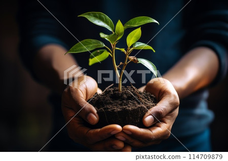 A person is gently holding a small plant in their hands 114709879