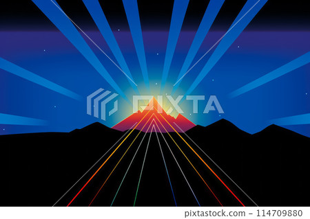 The sun is casting a bright light over the mountain landscape 114709880