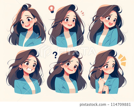 一套西裝女商人的 6 種表情：微笑、懷疑、困惑等。 114709881