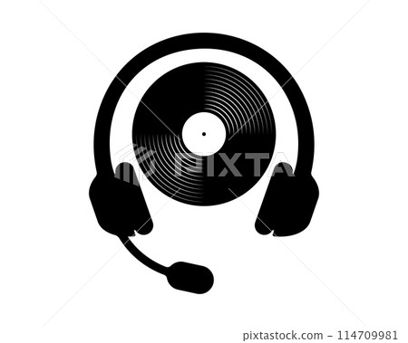 Vinyl record plate with headphones icon. Turntable LP disc and earphones isolated on white background. DJ equipment for techno night club party. Listen to music concept. Vector graphic illustration 114709981
