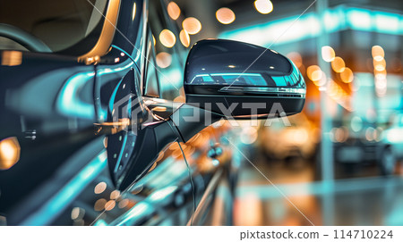 閃亮的黑色汽車和路燈的散景效果。豪華車的形象 114710224