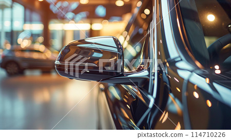 閃亮的黑色汽車和路燈的散景效果。豪華車的形象 114710226