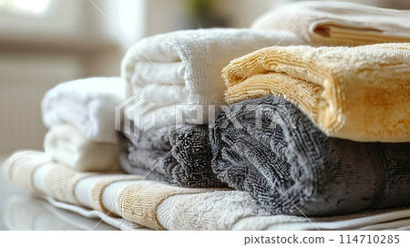 Neat lineup of folded towels, arranged for easy access. 114710285