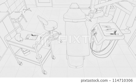 Black and white line sketch drawing medical clinic office with empty dentist workplace - dental unit, chair and tools, dentistry surgery with modern equipment. Concept hand drawn art 3D illustration. 114710306