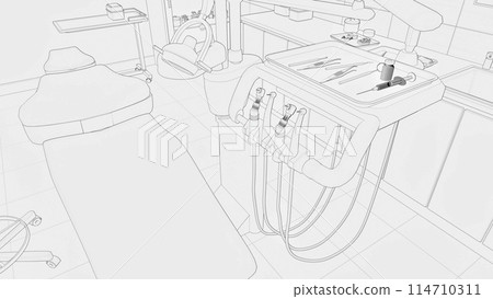 Black and white hand drawn sketch - close up of dental equipment and medical tools in empty dentist clinic interior. Modern dentistry operating surgery room. Concept line art drawing 3D illustration. Black and white hand drawn sketch - close up of dental equipment and medical tools in empty dentist clinic interior. Modern dentistry operating surgery room. Concept line art drawing 3D illustration. 114710311