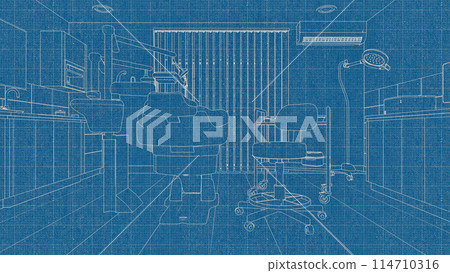 Concept blueprint sketch design of empty interior dentist clinic with dental unit - comfortable chair and medical tools, dentistry surgery room with modern equipment. Blue and white 3D illustration. 114710316