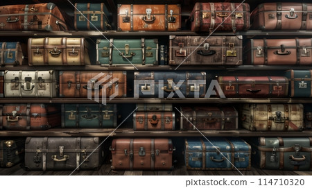 Neatly stacked suitcases in a row. 114710320
