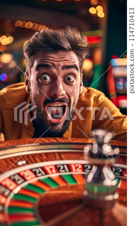 Man shocked at roulette in bustling casino, drama heightened. 114710413