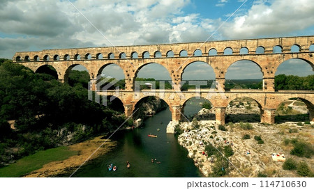 Aerial shot of famous Pont du Gard, the Roman aqueduct bridge of Nimes, France 114710630