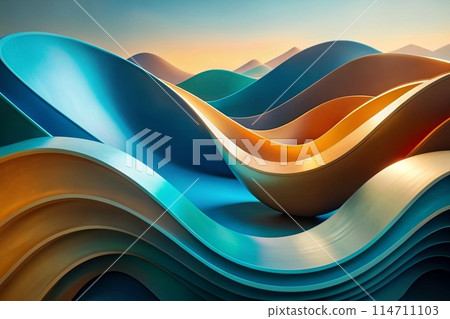 Abstract, modern background with glossy, flowing forms, cool to warm color palette, generative ai 114711103