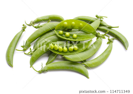 Fresh young green peas on white background. 114711349