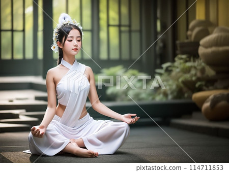 一個女人在安靜的花園裡做瑜伽 114711853