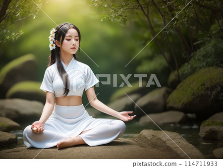 一個女人在深綠色的大自然中冥想 一個女人在深綠色的大自然中冥想 114711933