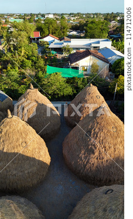 Vietnam countryside at Mekong Delta, group of haystacks from dried paddy after harvesting for cow, buffalo, straw heap as cone on rice field Vietnam countryside at Mekong Delta, group of haystacks from dried paddy after harvesting for cow, buffalo, straw heap as cone on rice field 114712006