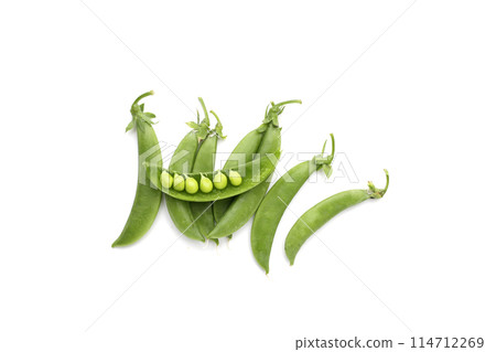 Fresh young green peas on white background. 114712269