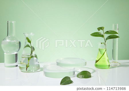 Unique photograph for promotion on light green background with gradient effect, blank platforms in center for displaying product. Frontal shot photo, empty space for adding text 114713986