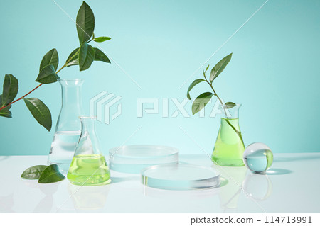 Green tea experiment photograph over baby blue background with blank podiums in the middle for showing product which has green tea scent, copy space for text and front view shot Green tea experiment photograph over baby blue background with blank podiums in the middle for showing product which has green tea scent, copy space for text and front view shot 114713991