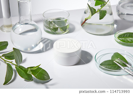 Laboratory equipment with green tea ingredient flat lay on white table top, an unlabeled cosmetic jar featured in center, sample for adding brand packaging. Mock up for design, high angle shot 114713993