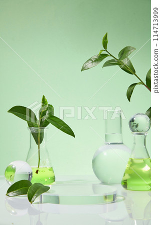 Unique template of green tea in laboratory concept, light green background features experiment glassware and blank pedestal in center, decorated by green color of tea leaves. Space for displaying 114713999