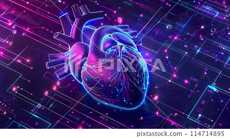 Digital representation of a heart with neon lights, advanced medical technology 114714895