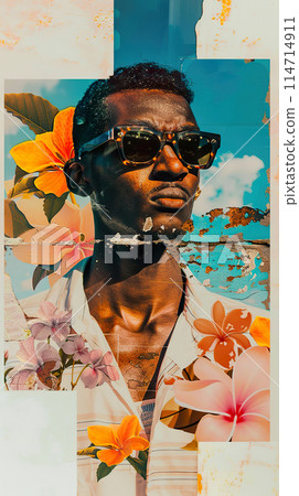 Portrait of black man wearing sunglasses, surrounded by vibrant tropical flowers 114714911
