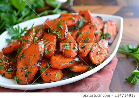 Delicious honey garlic butter roasted carrots garnished with fresh parsley on a white plate 114714912