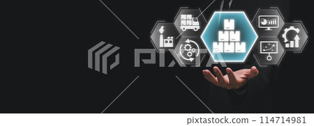 Product lifecycle management concept, Businessman hand holding product lifecycle management icon on virtual screen. Product lifecycle management concept, Businessman hand holding product lifecycle management icon on virtual screen. 114714981