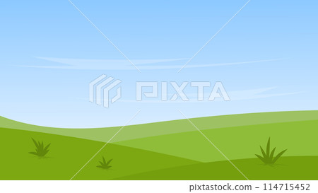 landscpae cartoon scene. green field with white cloud and blue sky  114715452