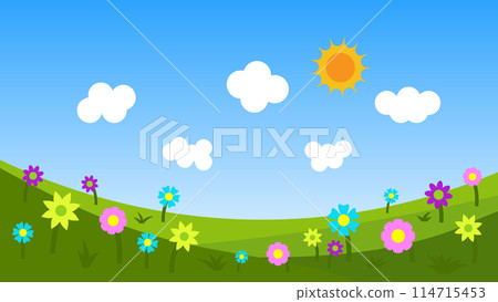 landscpae cartoon scene. green field with white cloud and blue sky  114715453