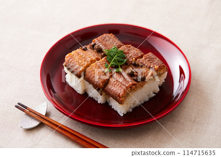 Eel sushi served on a vermilion-lacquered plate Eel sushi served on a vermilion-lacquered plate 114715635