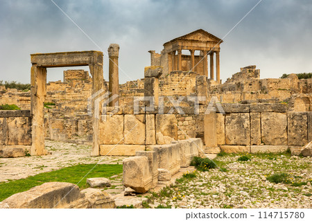 View of Capitol in archeological site of Dougga in north-west Tunisia 114715780