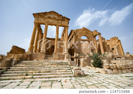 Remains of three temples in forum on Capitoline Hill of Sufetula 114715886