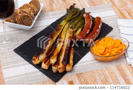 Catalan roasted calcots with romesco sauce and grilled butifarra Catalan roasted calcots with romesco sauce and grilled butifarra 114716022