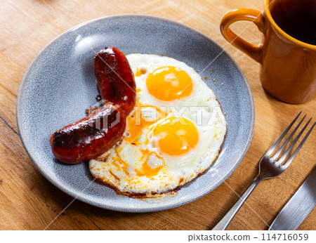 Homemade hearty breakfast - fried eggs with chorizo sausage. Homemade hearty breakfast - fried eggs with chorizo sausage. 114716059
