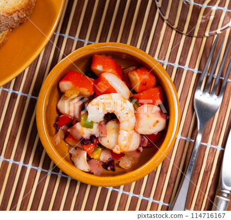 Colorful plate of Salpicon de Marisco with seafood and vegetables Colorful plate of Salpicon de Marisco with seafood and vegetables 114716167