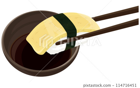 Dip egg sushi in soy sauce 114716451