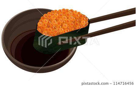 將鮭魚子浸入醬油中 將鮭魚子浸入醬油中 114716456