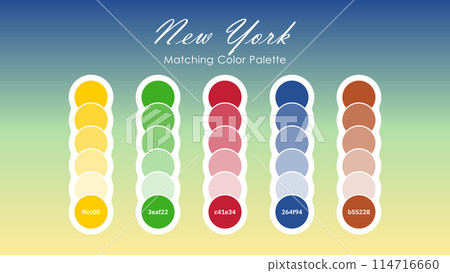 Set of New York Color Palette Combination in RGB Hex. New York City is a vibrant and energetic city, and its color palette reflects that. Suitable for Branding, fashion, home, or interior design. 114716660