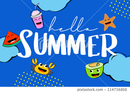 Hello summer camp poster design with fun cartoon characters. Hello summer camp poster design with fun cartoon characters. 114716808