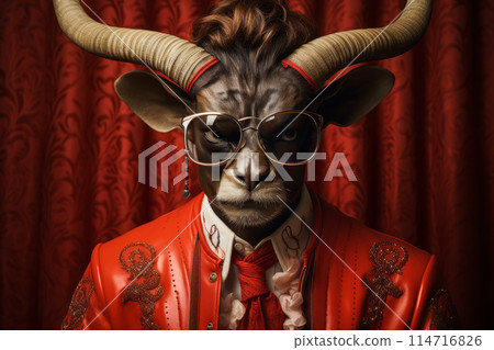 Supernatural creature with horns and red jacket in a dark fictional setting Supernatural creature with horns and red jacket in a dark fictional setting 114716826