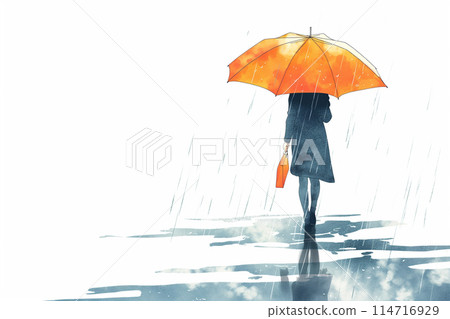 雨中撐傘行走的女子後視 雨中撐傘行走的女子後視 114716929