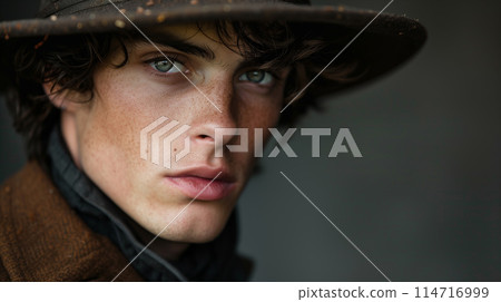Stylish young man sporting a chic hat against a neutral backdrop, AI Generated 114716999
