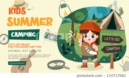 Kids summer camping. children doing activities on camping. Kids summer camp poster. 114717062