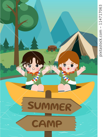 Kids summer camping. children doing activities on camping. Kids summer camp poster. 114717063