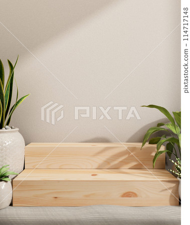 A space for showcasing products on a wooden pedestal, surrounded by potted plants against the wall. 114717148