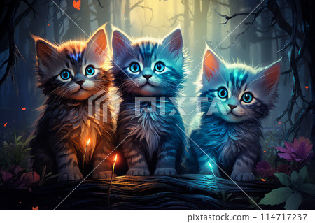 Three cute kittens are closely grouped together in a dense forest 114717237