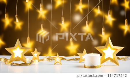 A table with Christmas lights, stars, and a burning candle would be adorned 114717242