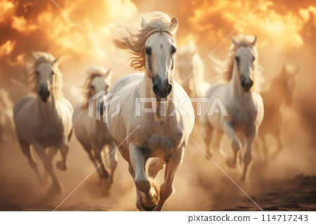 A group of white horses galloping across the desert landscape 114717243