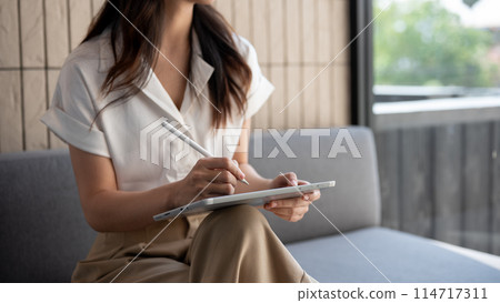 A cropped image of a businesswoman using her digital tablet on a sofa in a cafe. 114717311